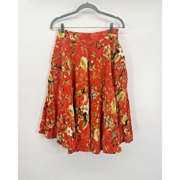 Premise Dresses & Skirts - VTG Premise Orange Floral Linen Skirt 4 Pockets Twirl Boho Autumn Fall Colorful